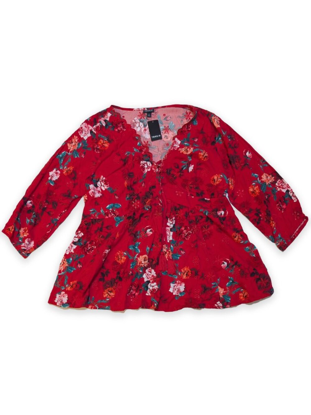 NWT Torrid Red Tunic Top Floral Long Sleeve Button V-neck Blouse Size 2X / 18-20
